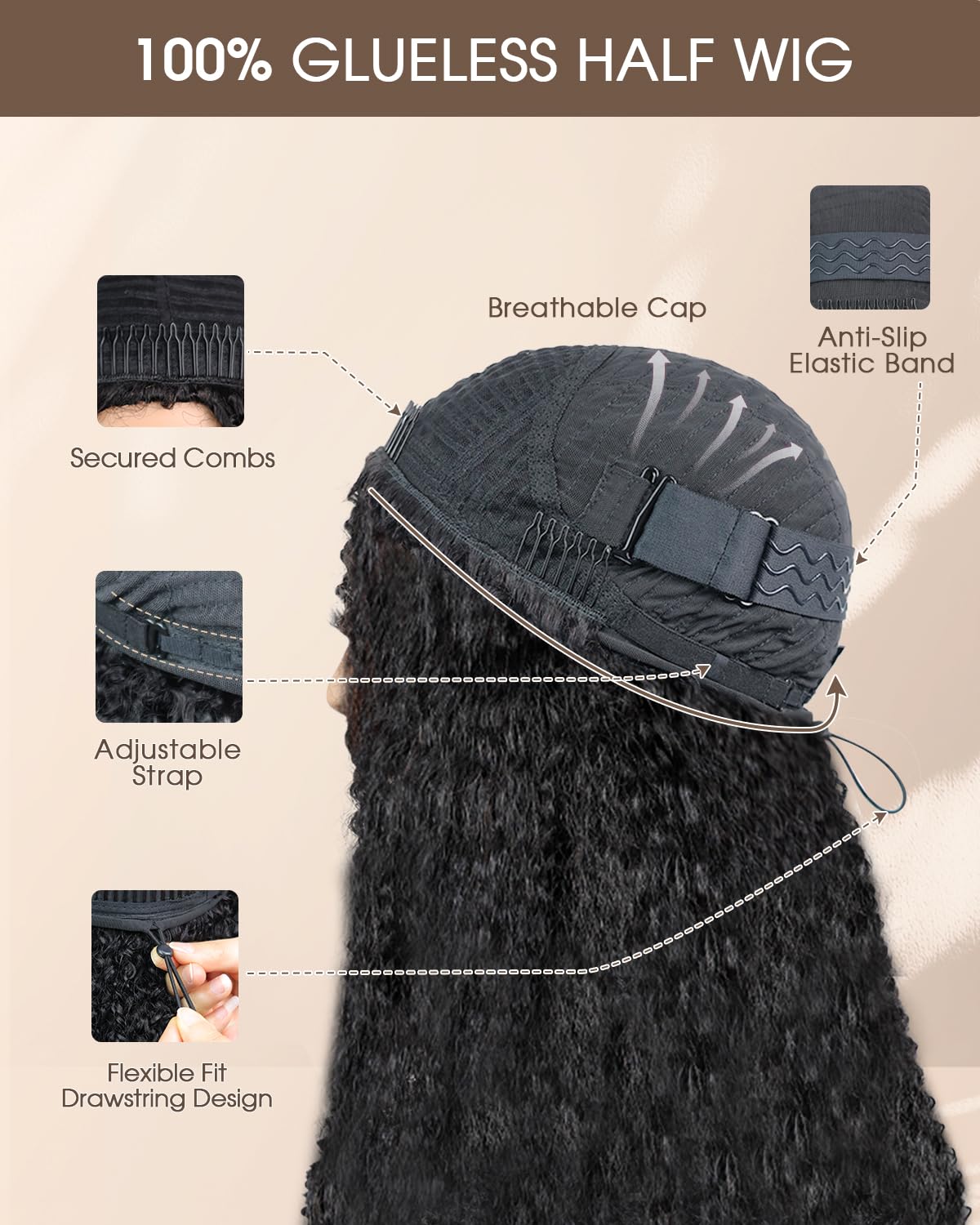 MENTOR Kinky Straight Half Wig Human Hair Wear and Go Half Wigs with Drawstring Yaki Straight Glueless Wig 3 In 1 Flip Over Headband Wig for Women 200% Density 16 inch