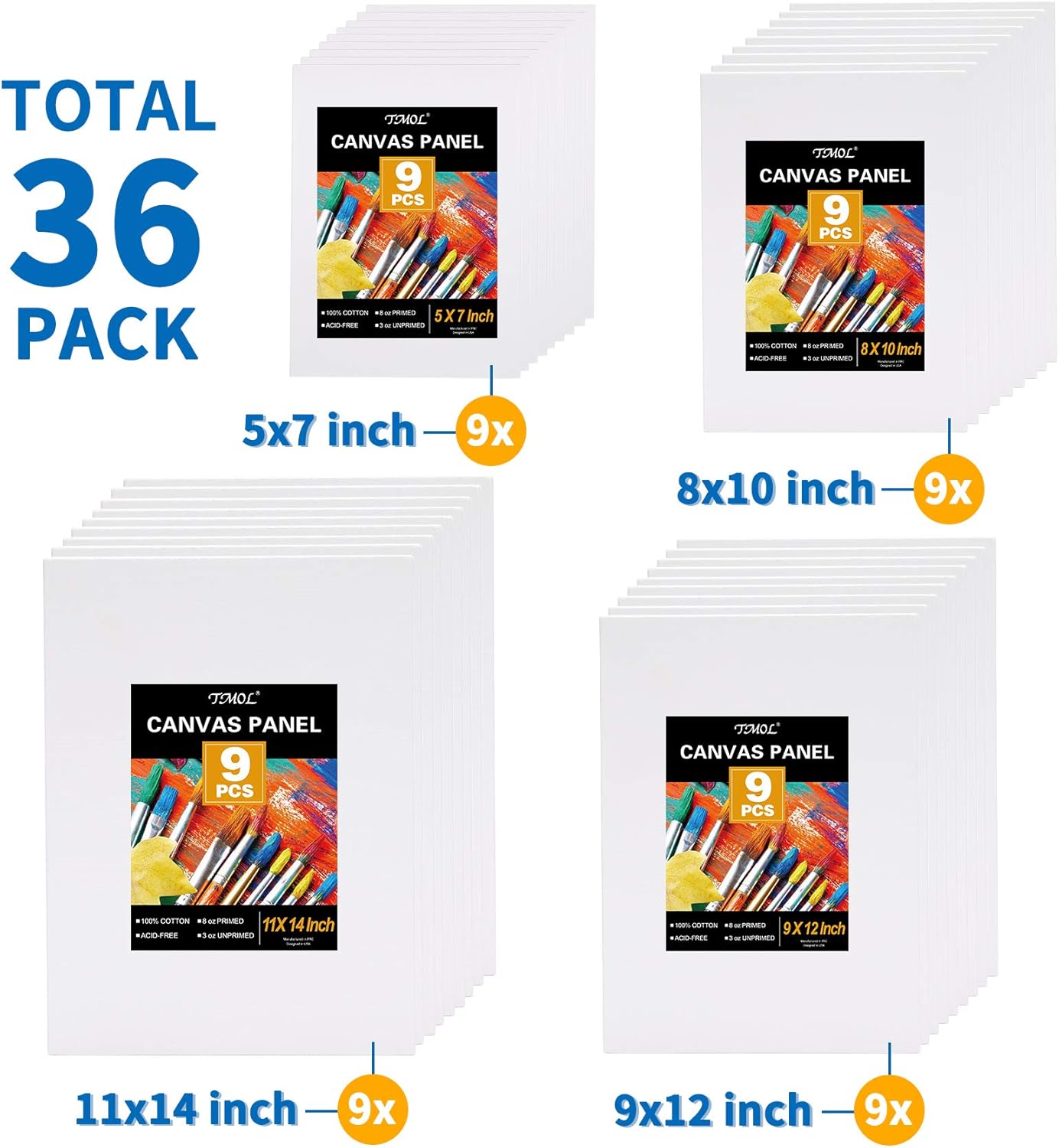 Painting Canvas Panels Multi Pack- 5x7", 8x10", 9x12", 11x14" (9 of Each), Set of 36, 100% Cotton Artist Canvas Boards for Painting, Primed White Canvas, for Acrylic, Oil Paint, Wet or Dry Art Media