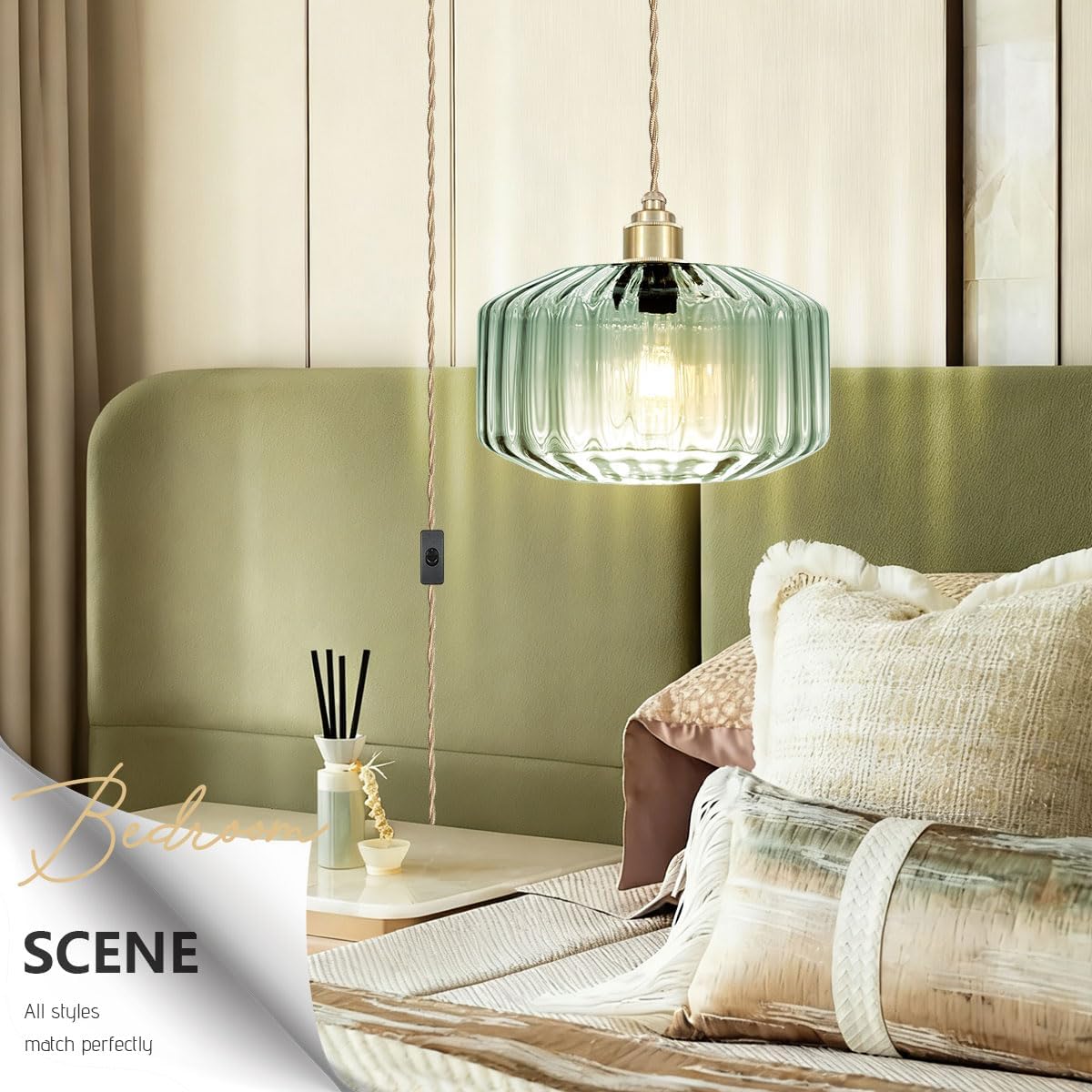 Green Glass Plug in Pendant Light, 14.7ft Cord Swag Lamp, Mid Century Vintage Hanging Light with Large Striped Glass Shade, Plug in Chandelier Lighting for Kitchen Island Bedroom