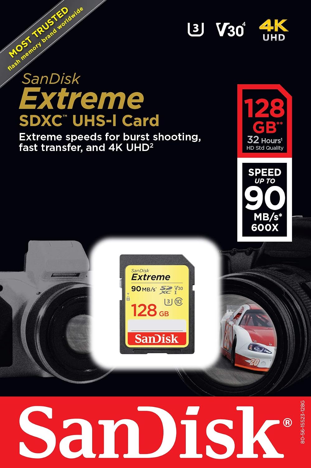 SanDisk 128GB Extreme SDXC UHS-I Memory Card - 90MB/s, C10, U3, V30, 4K UHD, SD Card - SDSDXVF-128G-GNCIN