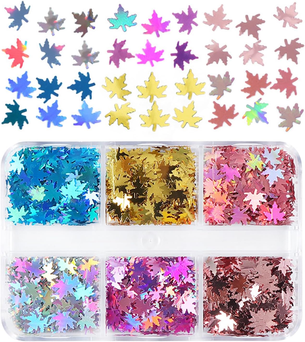 Fall Nail Art Glitters Mixed Maple Leaf Nail Sequins Set of 6 Grids, Autumn Leaves Nail Art Decorations 3D Laser Colorful Maple Leaves Nail Decals Holographic Fall Leaves Glitters for Women Manicure