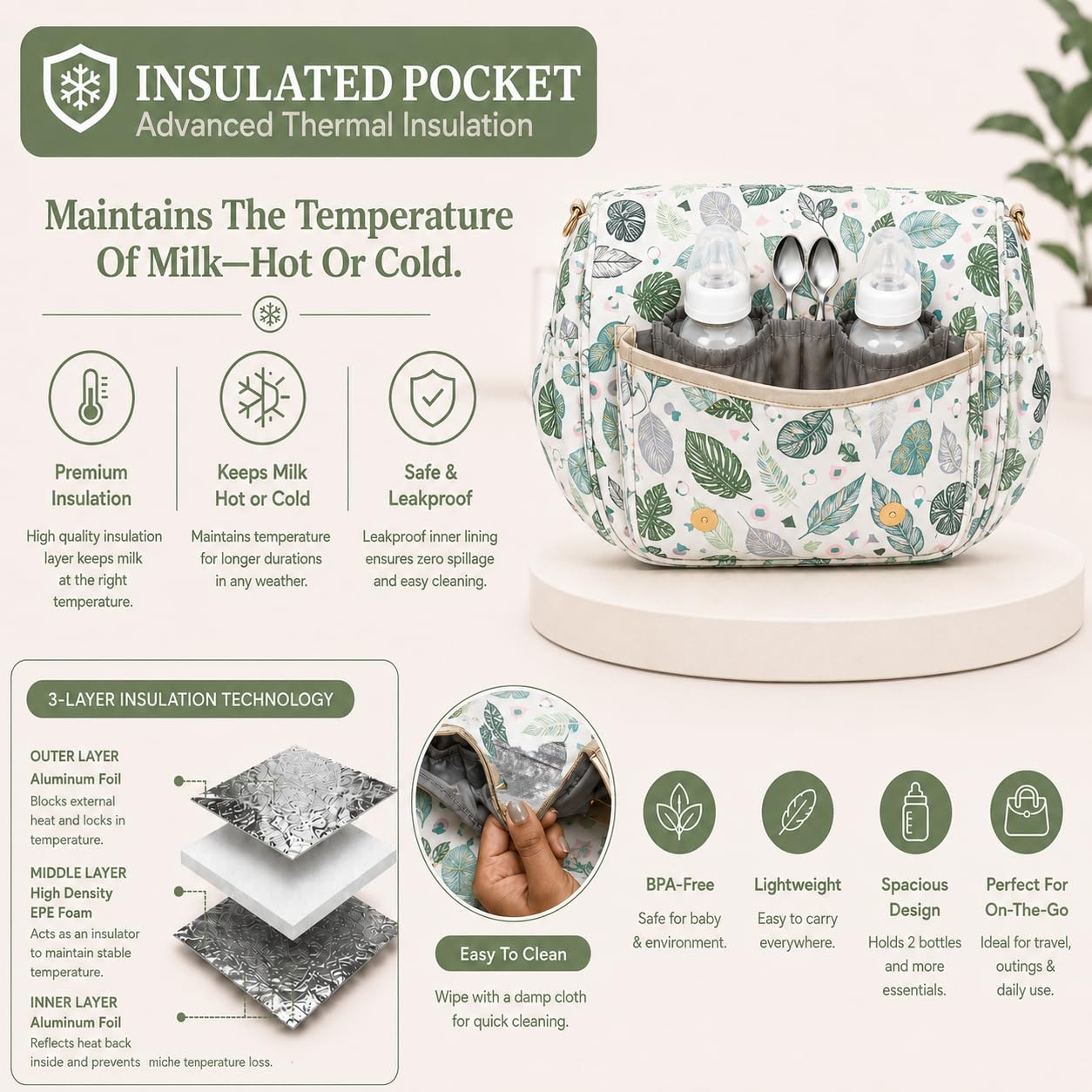 Motherly Tote Diaper Bag for Mothers for Travel, Glory Series, Green Leaf 4