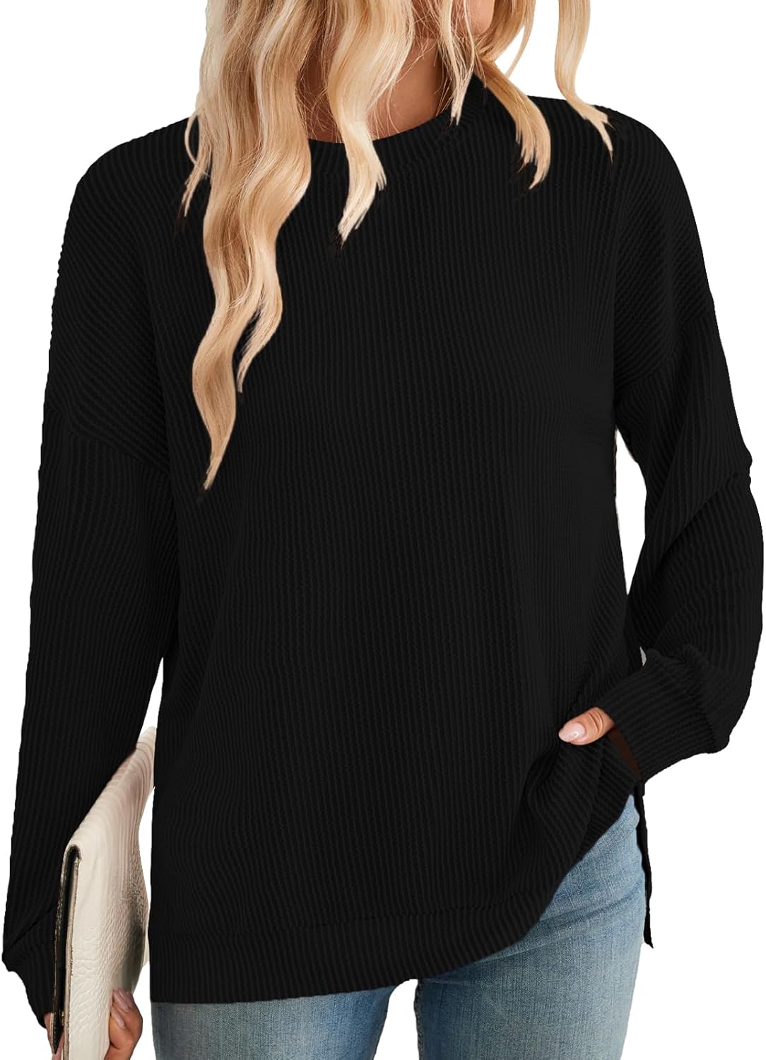 BAISHENGGT Women's Ribbed Sweatshirts Crewneck Casual Long Sleeve Loose Fit Stretchy Fall Tunic Tops