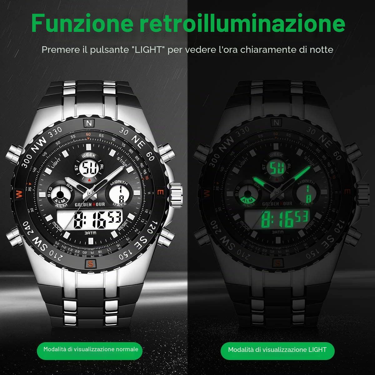 Orologio sportivo da uomo, impermeabile, cronometro, data, sveglia, luminoso, digitale, analogico, militare, con cinturino in gomma