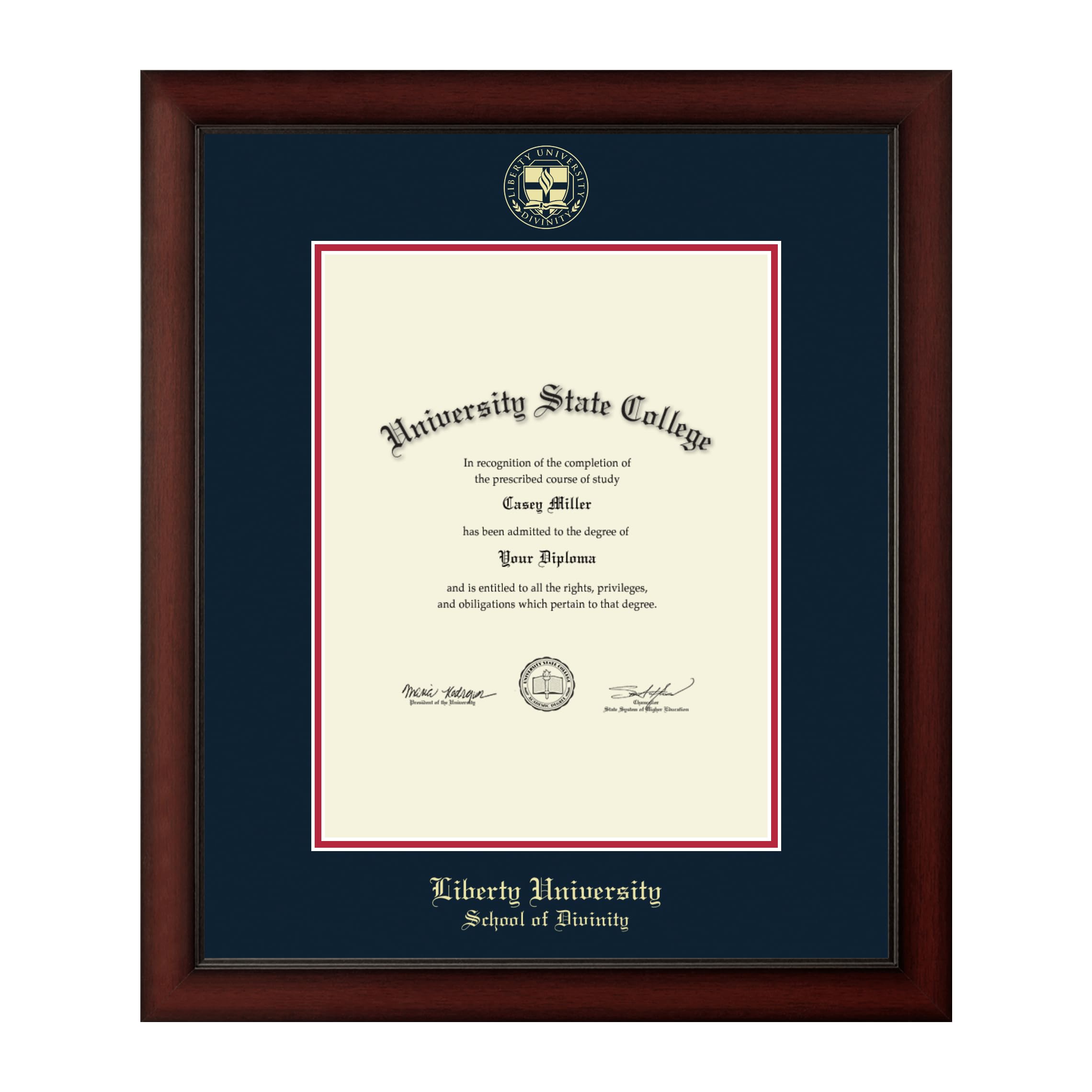 Liberty University School of Divinity 13" w x 17" h Diploma Frame - Fits a master's and phd - Gold Embossed Diploma Frame - Cherry Moulding with Navy and Red Matting - Officially Licensed