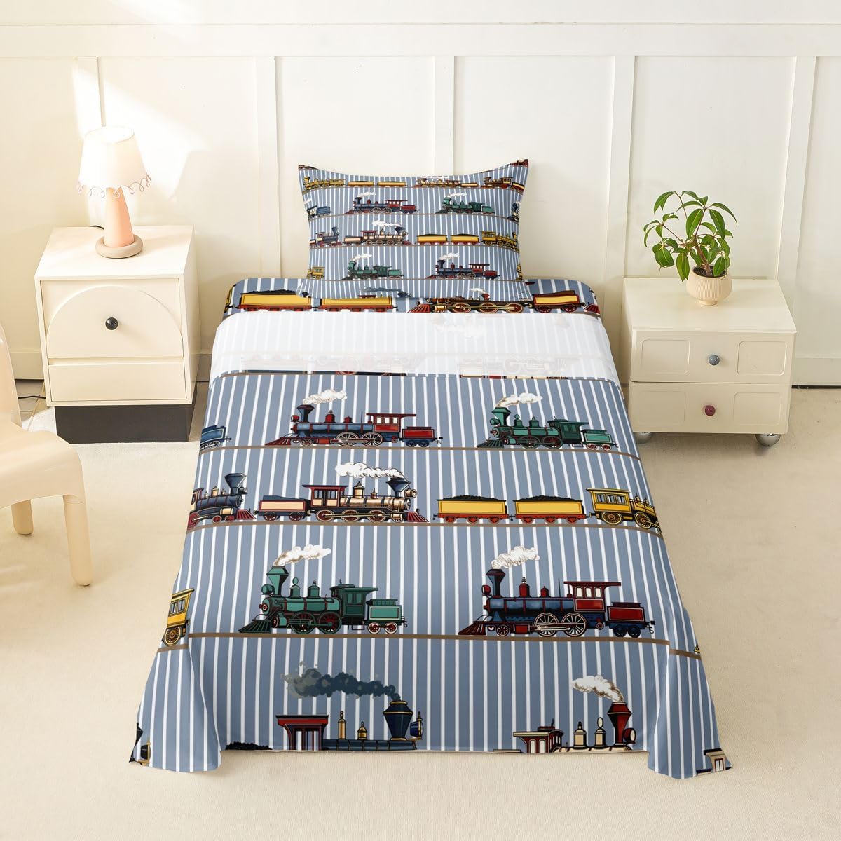 Feelyou Train Bed Sheets Set Full Size Vintage Steam Engine Bed Set Railway Car Vehicles Deep Pocket Fitted Sheet Navy Blue Travel Locomotive Train Breathable Soft Lightweight Microfiber