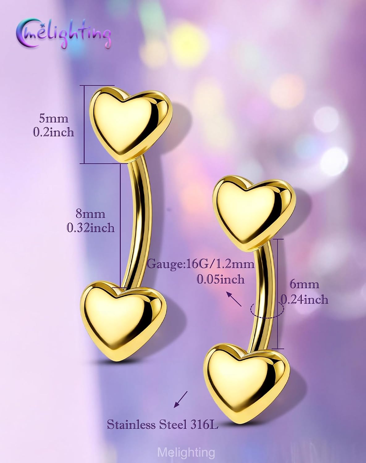 Melighting 16G Heart Rook Piercing Jewelry 316L Surgical Steel Eyebrow Ring | Double-Ended Heart, Gold/Black/Steel Rook Earring, Piercing Barbell 6mm/8mm