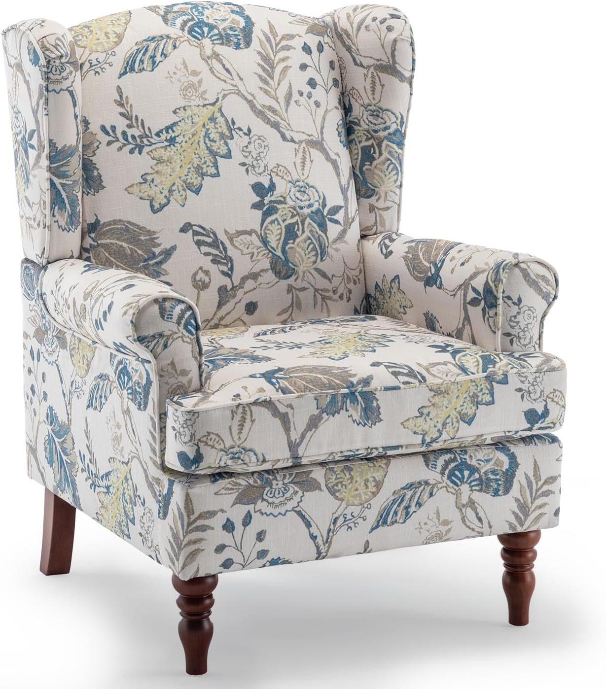 Bezseller Wingback Floral Accent Chair, Upholstered Fabric High Back Arm, Leisure Single Sofa Club Chair with Wood Legs, Armchair for Living Room, Bedroom, Home Office, Blue Floral