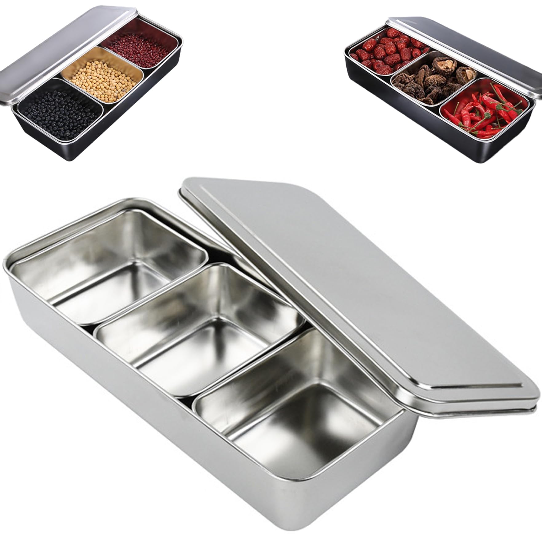 Boîte d'assaisonnement en Acier Inoxydable 3 Compartiments Conteneurs d'assaisonnement avec Couvercle Condiment Lavable détachable et boîte à épices pour la Cuisine, conteneurs