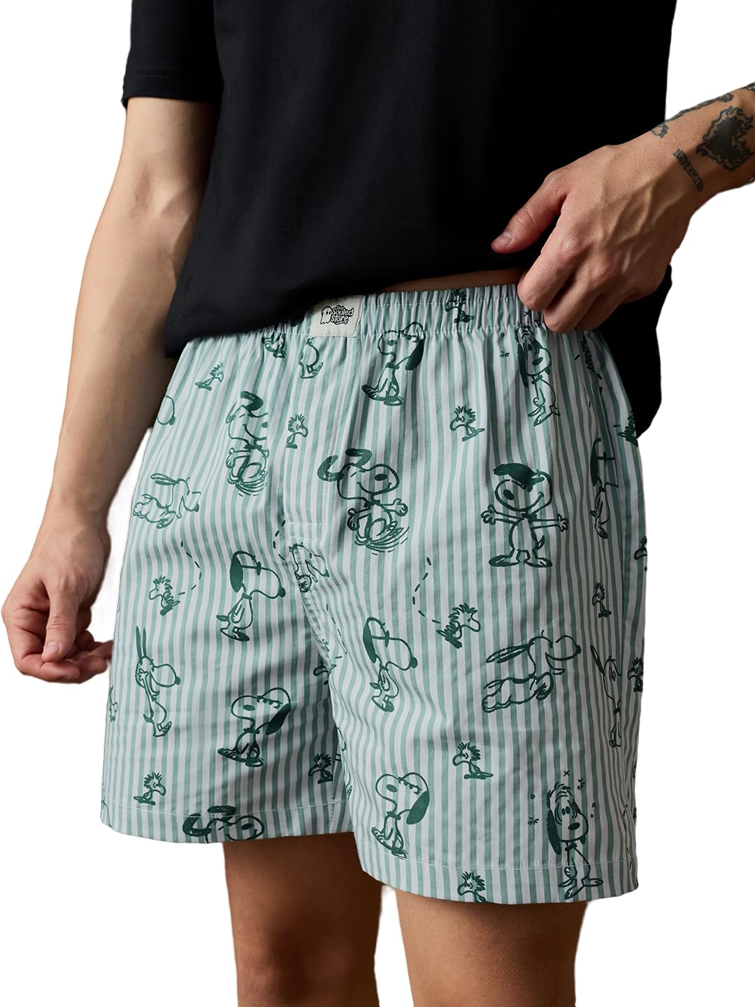 The Souled Store Peanuts: Snoopster - Boxer da uomo e ragazzo, con elastico in vita, in cotone stampato verde salvia e bianco, vestibilità regolare, tasca posteriore, leggeri, per tutti i giorni