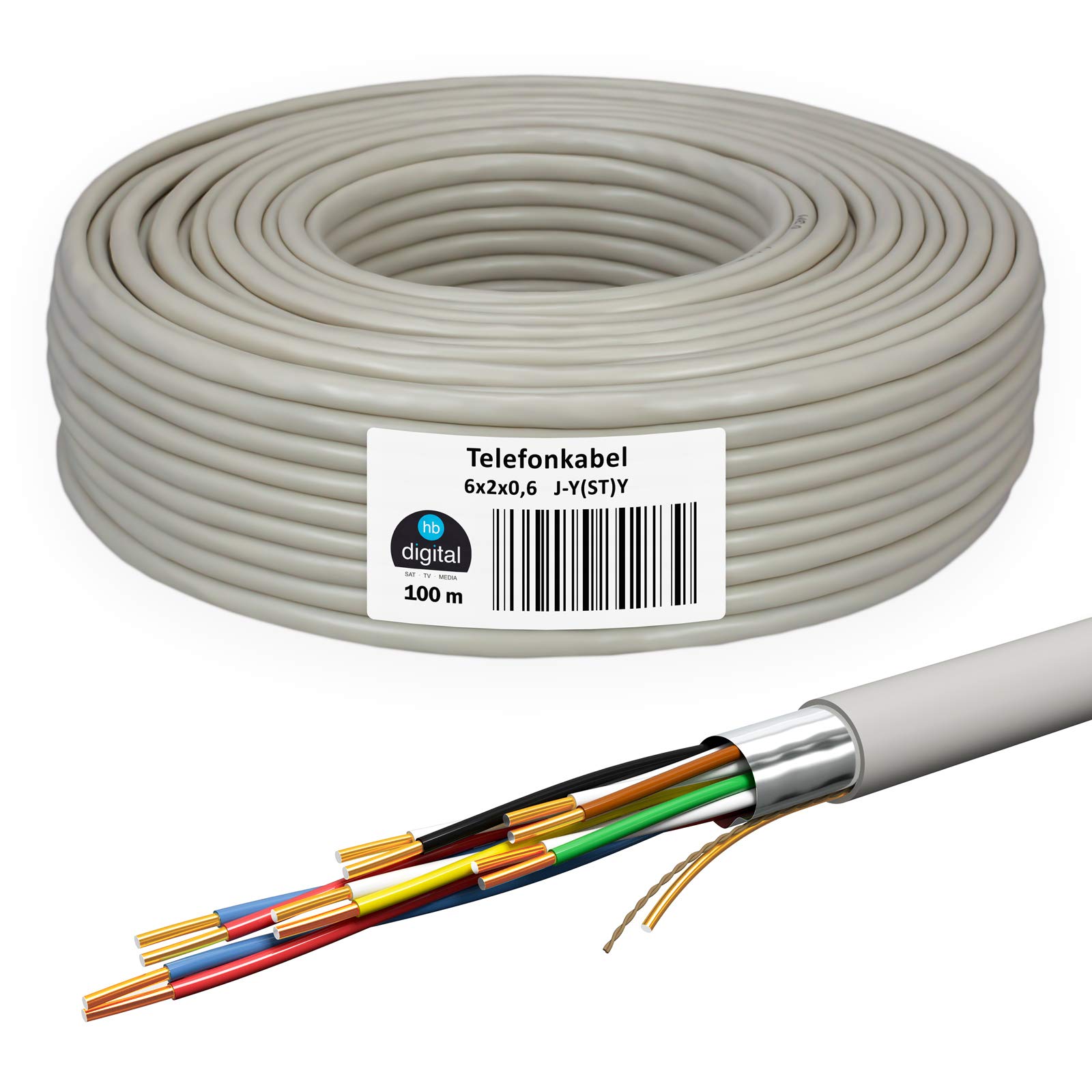 HB-DIGITAL Cable telefónico de 100 m, 6 x 2 x 0,6 J-Y(ST) Y, cable de instalación JYSTY 12 núcleos