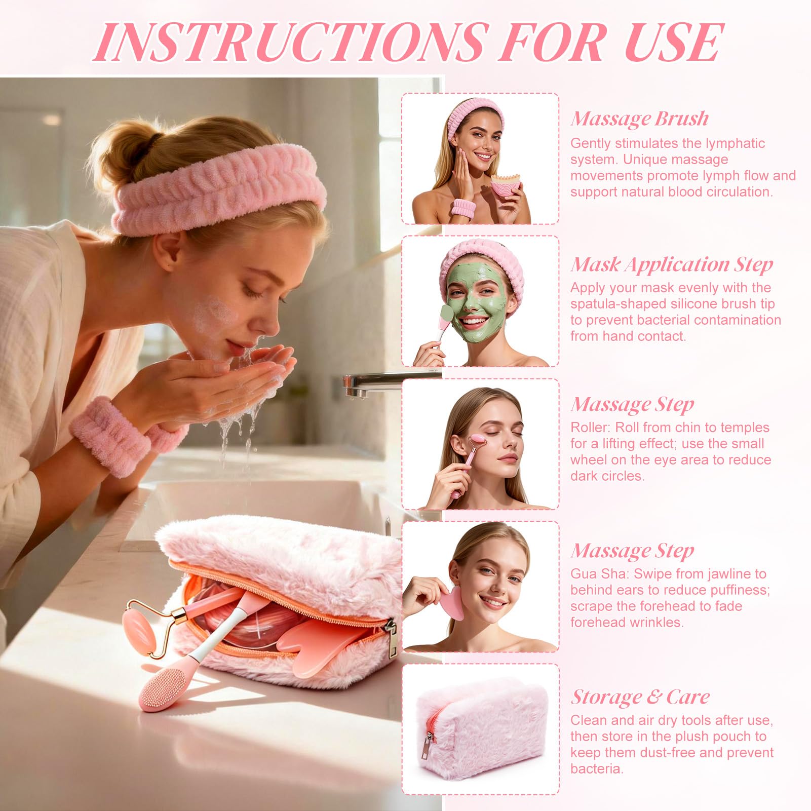 8 Piezas Kit de Masaje Gua Sha para Mujer, Gua Sha Cuarzo Rosa, Rodillo de Masaje, Cepillo Facial de Contorno, Diadema, Bolsa de Maquillaje, Regalos Guasha Facial Jade para Familia, Amigos