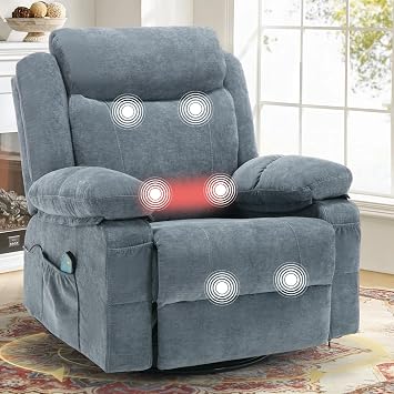 Swivel Rocker Recliner Chair, Overstuffed Fabric Massage Recliner Chairs with Heat for Adults, Oversized Reclining Sofa Manual Home Theater Rocking Recliner Lounge Chairs,Blue