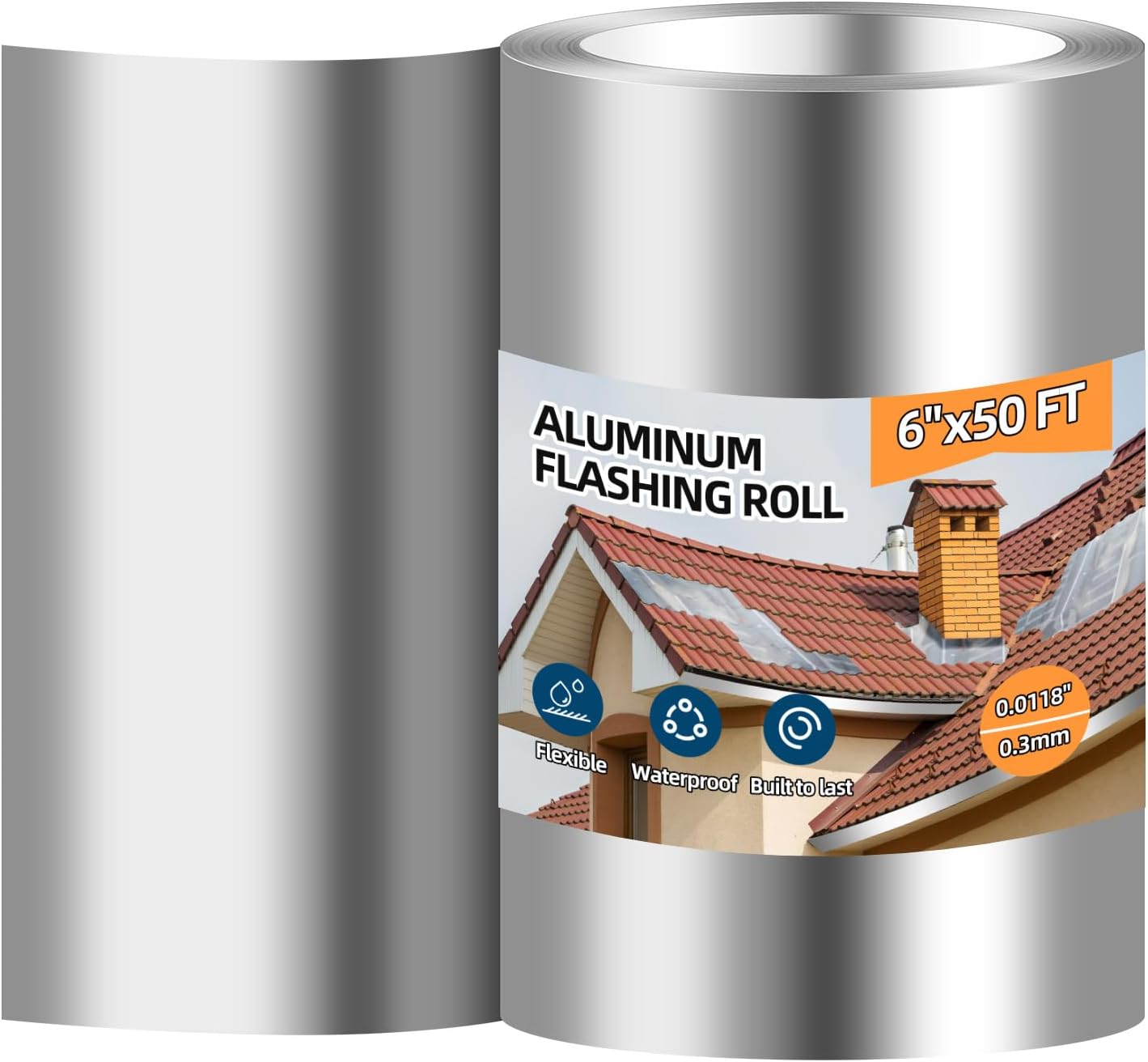 Aluminum Roll Flashing, 6” x 50′ Metal Roofing Roll for Roof and Garden, Prevents Roofing Stains, 0.019-inch/0.3 mm Thickness (26GA) Roof Strip for Moss and Mildew Prevention