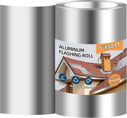 Rollo de Sellado de Aluminio, 6'' x 50' Rollo de Metal para Techos y Jardín, Previene Manchas en Techos, Grosor de 0.019 pulgadas0.3 mm (26GA) Tira