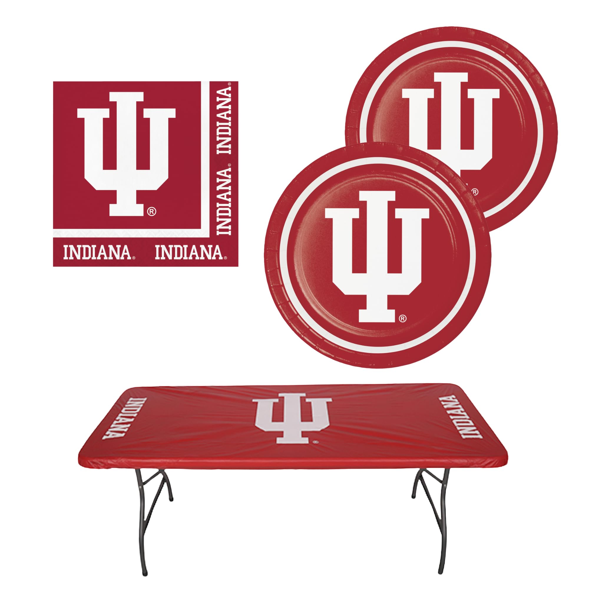 Collegiate Party - Paquete de platos, servilletas y mantel de 6 x 30 pulgadas, paquete para 16 personas, mesa no incluida, (University of Indiana, Hoosiers)