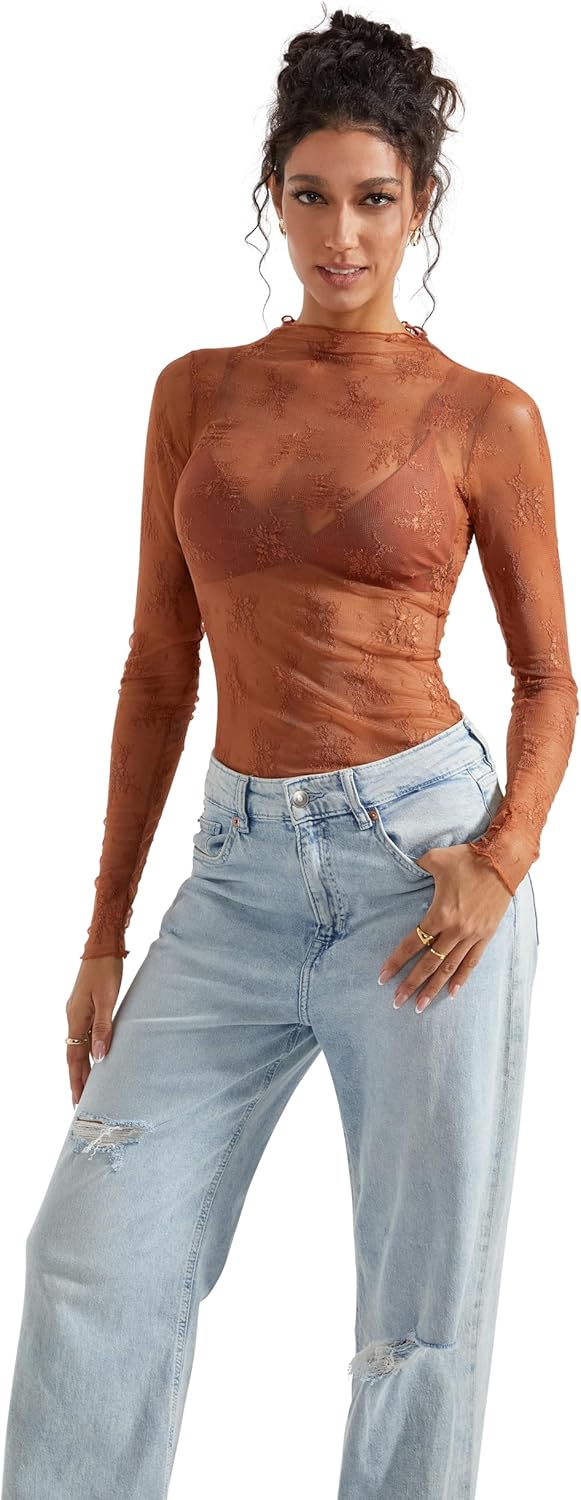 SUUKSESS Women Sexy Mesh Sheer Long Sleeve Tops Mock Neck Going Out Lace Shirts - Image 2