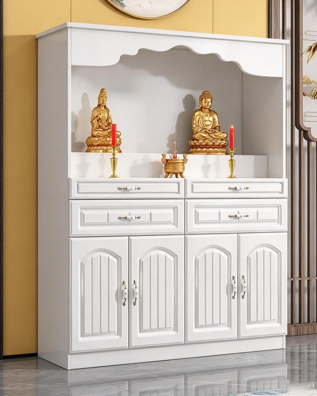 Meuble-autel/Pooja Mandir pour La Maison : Meuble avec Plateau Coulissant pour Les Rituels, Idéal pour La Prière Quotidienne, L'encens Et Les Offrandes