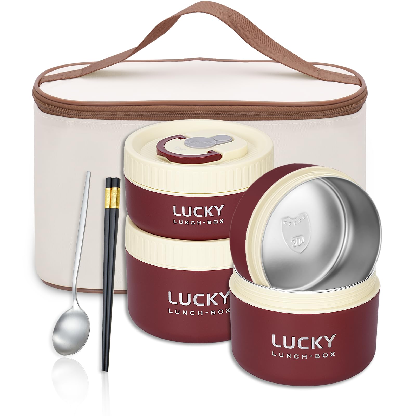 Contenitori per il pranzo isolati portatili, in acciaio inox, bento box, per adulti, con borsa termica per il pranzo, 4 contenitori separati impilabili per adulti, rosso