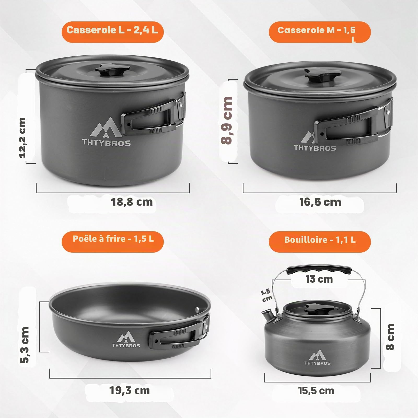 THTYBROS – Kit de Cuisine Camping 27 pièces Portable pour 2-4 Personnes, avec Bouilloire, casseroles Anti-adhésives et Accessoires INOX