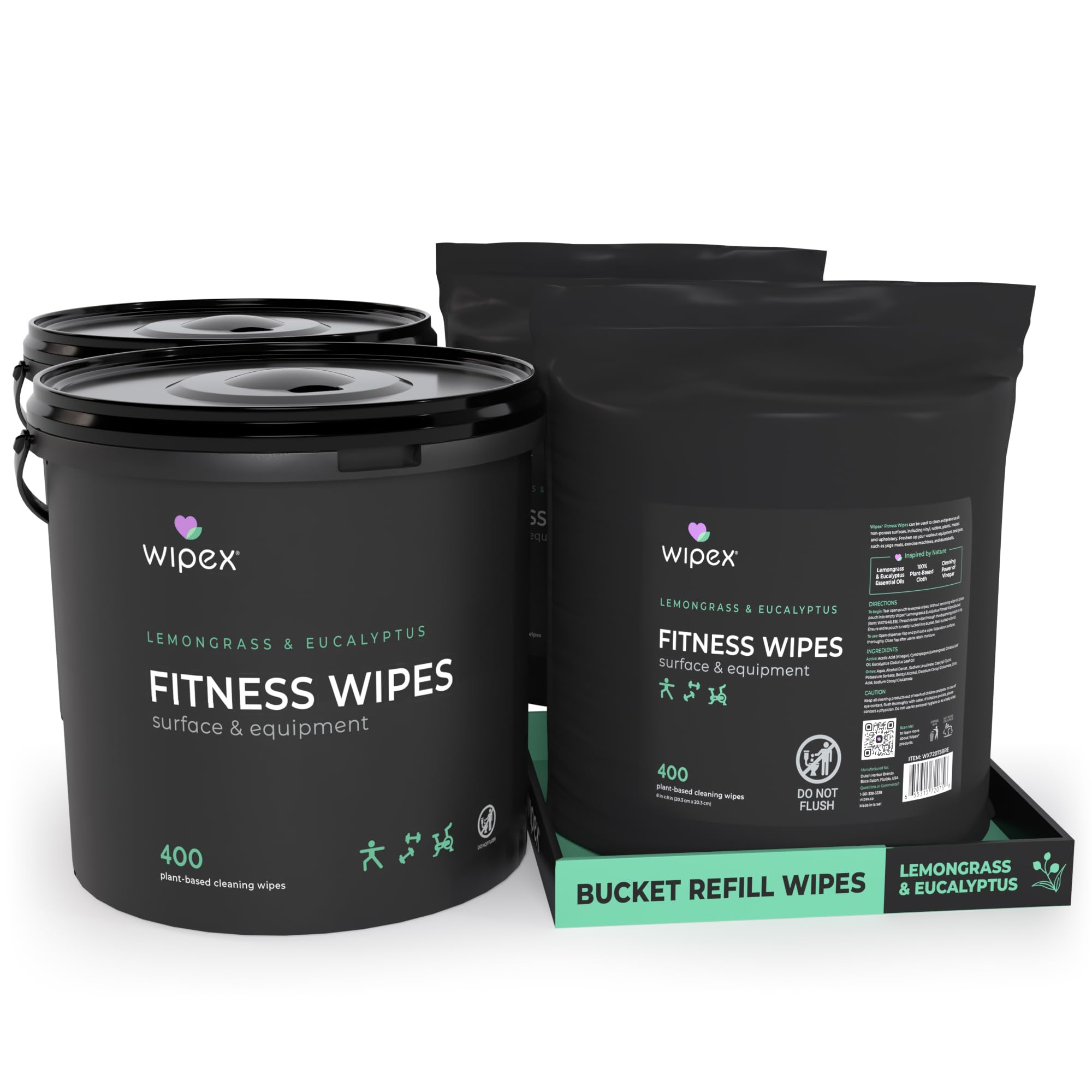 Wipex Gym Equipment Wipes Bundle – EWG Verified - Get 1600 Wipes with (2) Lemongrass & Eucalyptus Buckets & (2) Refill Rolls, Plant-Based Fitness