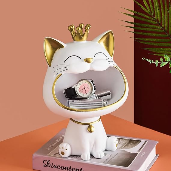 GJXJY Laughing Cat Figures Statue, Decorative Big Mouth Fortune Cat Key Holder Bowl Coin Jewellery Tray, Candy Dish for Entryway Table, Modern Art Office Desk Home Decor