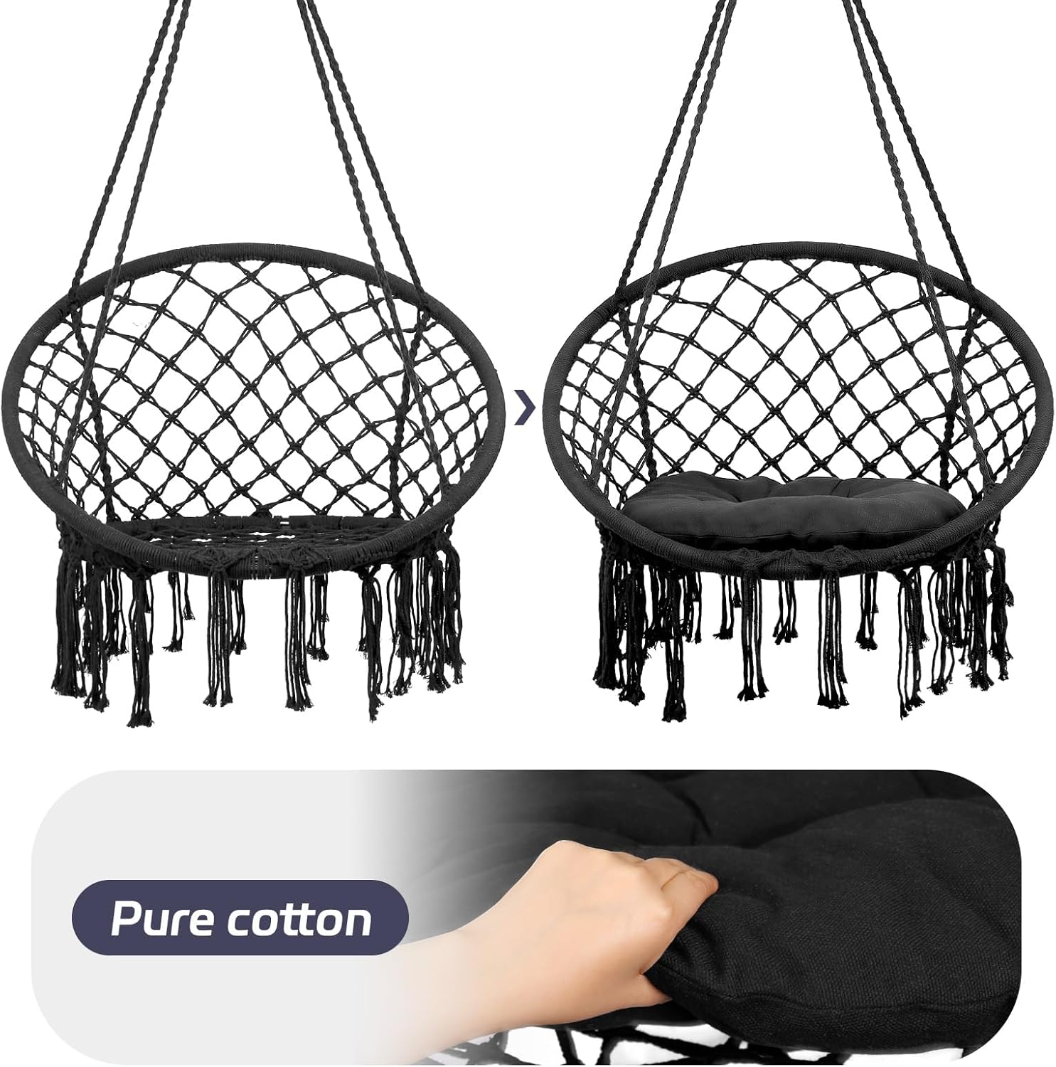 Lounge Hanging Swing Chair 330 LBS, Hanging Cotton Rope Swing Chairs with Cushion and Hardware Kits, Hanging Chairs for Indoor Outdoor Bedroom Garden Use (Black)