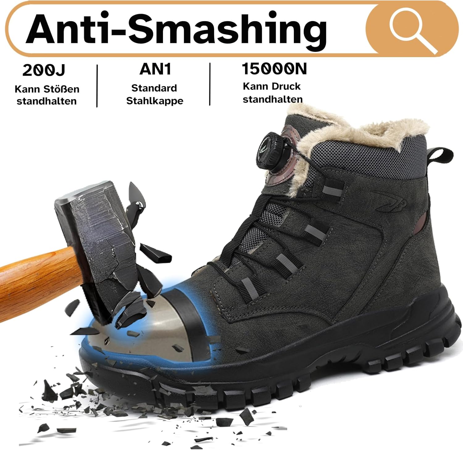 Veiligheidslaarzen Heren Dames Veiligheidsschoenen Waterdicht Werklaarzen Warm Gevoerd Stalen Neus Antislip Werkschoenen met draaiknop, Grijs, 39 EU