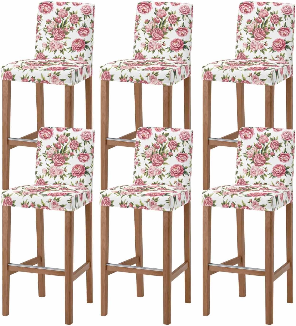 PIEPLE Vintage Pink Spring Floral Bar Stool Cover Set of 6, Stretch Removable Bar Stool Chair Covers with Backs Pub Counter Stool Chair Slipcover for Dining Room Cafe Summer Botanical Watercolor