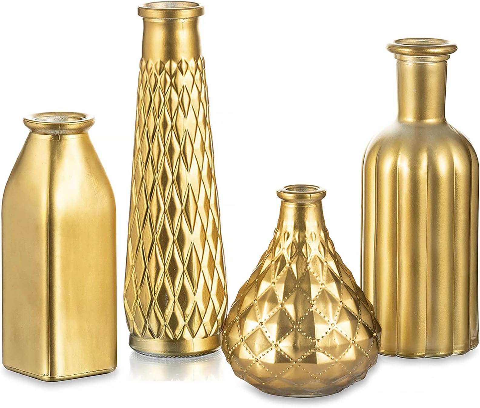 Gold Glass Vase for Flowers, Gilded Bud Vase Set for Table Centrepieces, Gold Ornaments Flower Vases for Living Room Wedding Home Decor, 22/19.5/16/12.5 cm