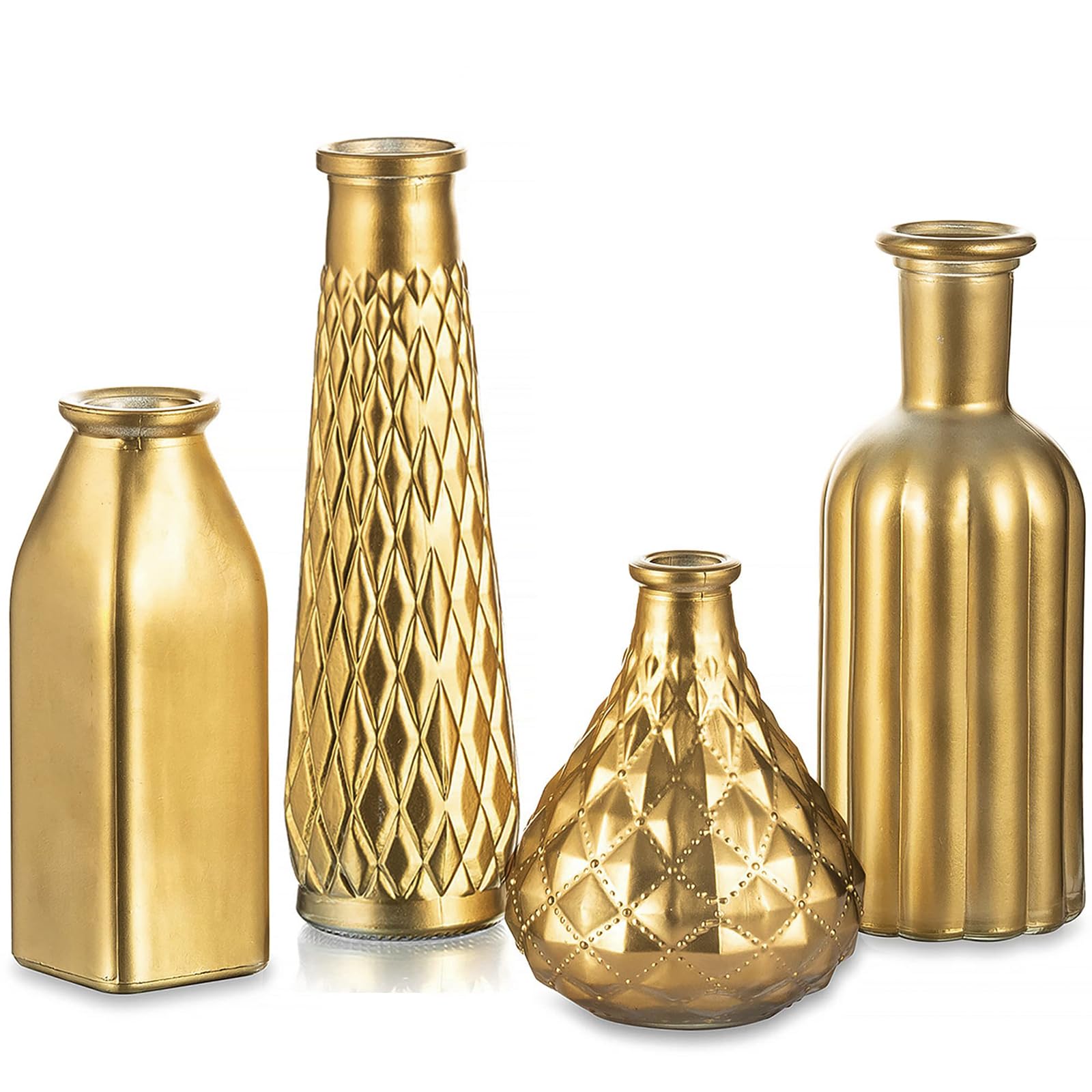 Hewory Gold Glass Vase for Flowers, Gilded Bud Vase Set for Table Centrepieces, Gold Ornaments Flower Vases for Living Room Wedding Home Decor, 22/19.5/16/12.5 cm