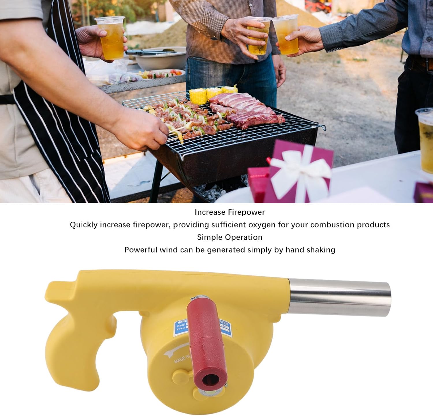 BBQ Fan, Hand Crank BBQ Fan, Barbecue Air Blower, Portable Fire Bellows for Outdoor Picnic Camping Cooking Barbecue Charcoal Grills Stove Accessories (Yellow)