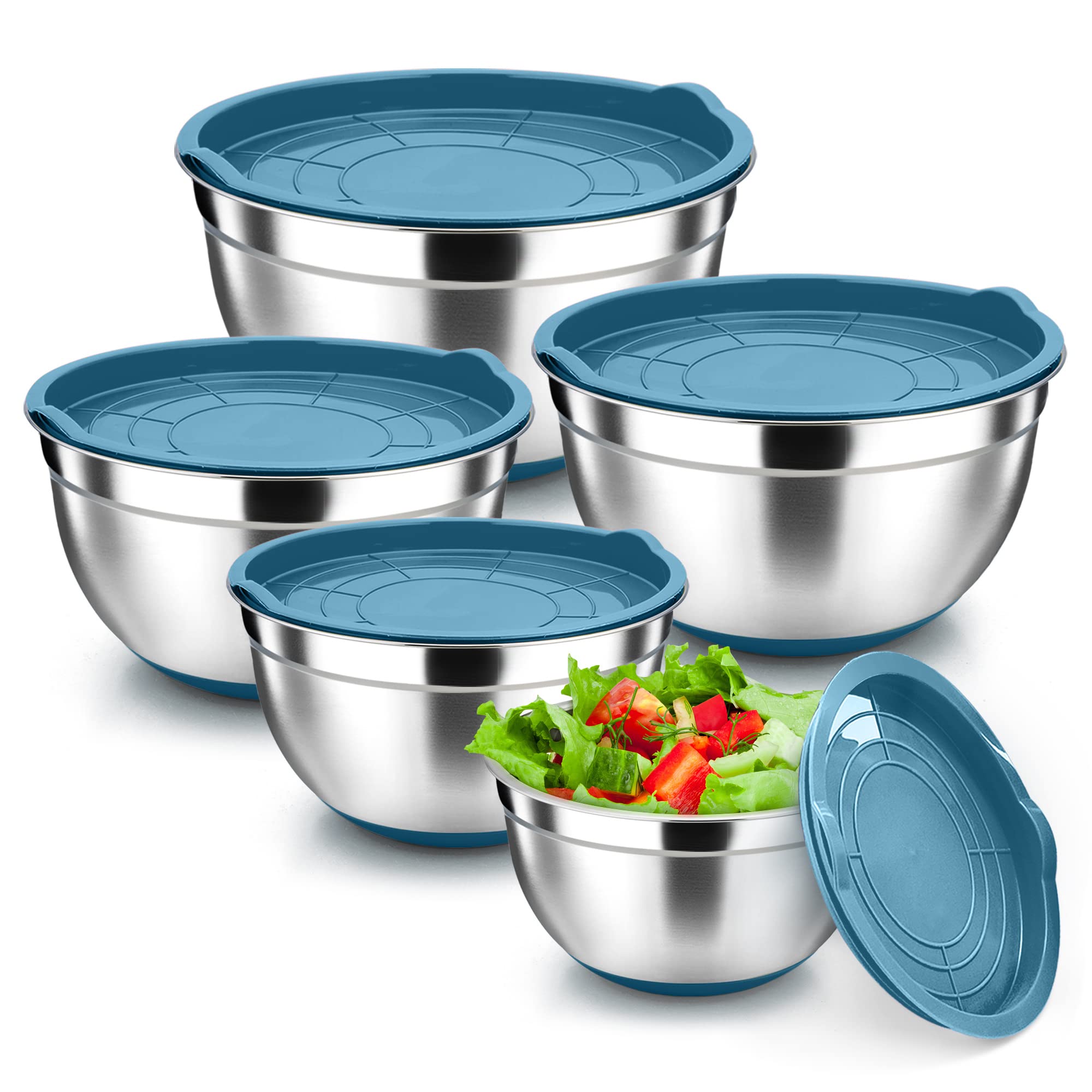 Herogo Mixing Bowl Set of 5, Stainless Steel Salad Bowls with Non-Slip Silicone Base & Airtight Lids, Metal Nesting for Baking Serving, Heavy Duty Dishwasher Safe, 4.5/2.7/1.5/1.2/0.7 QT, Blue