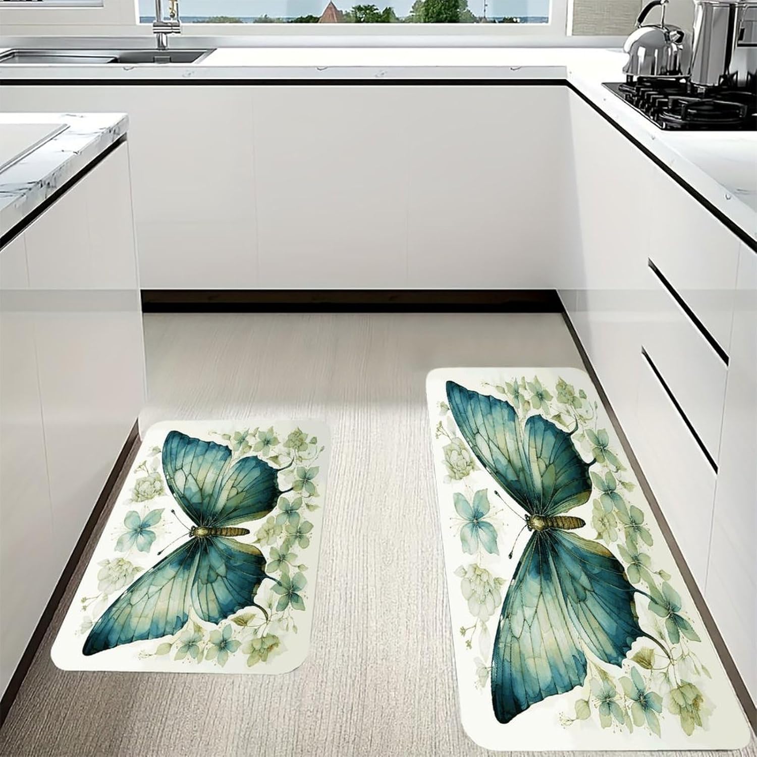 Garden Butterfly Kitchen Mats with 2PCS Non-Slip Washable,Kitchen Rug Heavy Duty Durable, Floor Mats for Kitchen,Office,Sink,Laundry