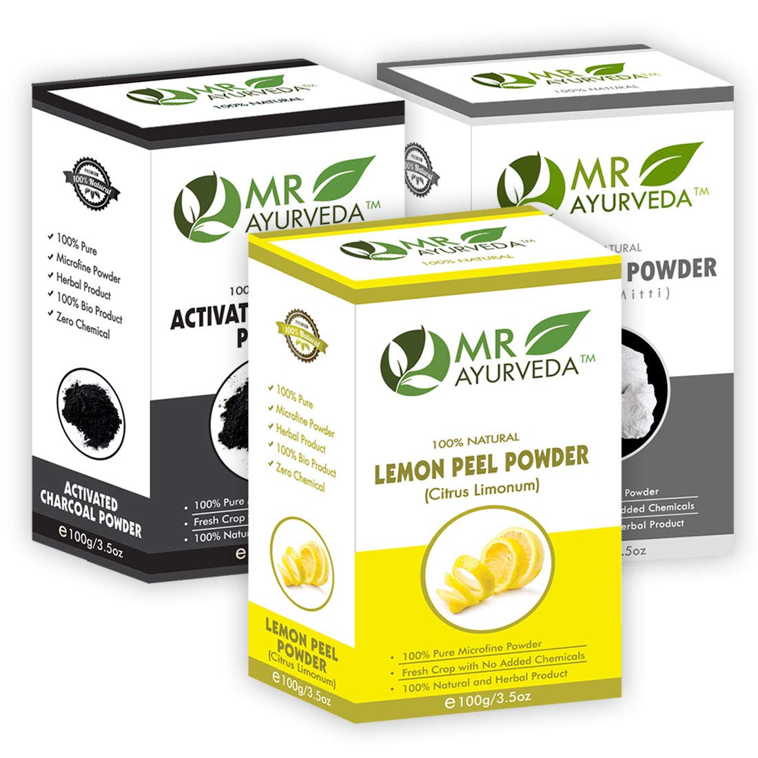 MR Ayurveda 100% Natural Kaolin Clay Powder, Lemon Peel Powder & Activated Charcoal Powder - Set of 3 (100 Grams Each)