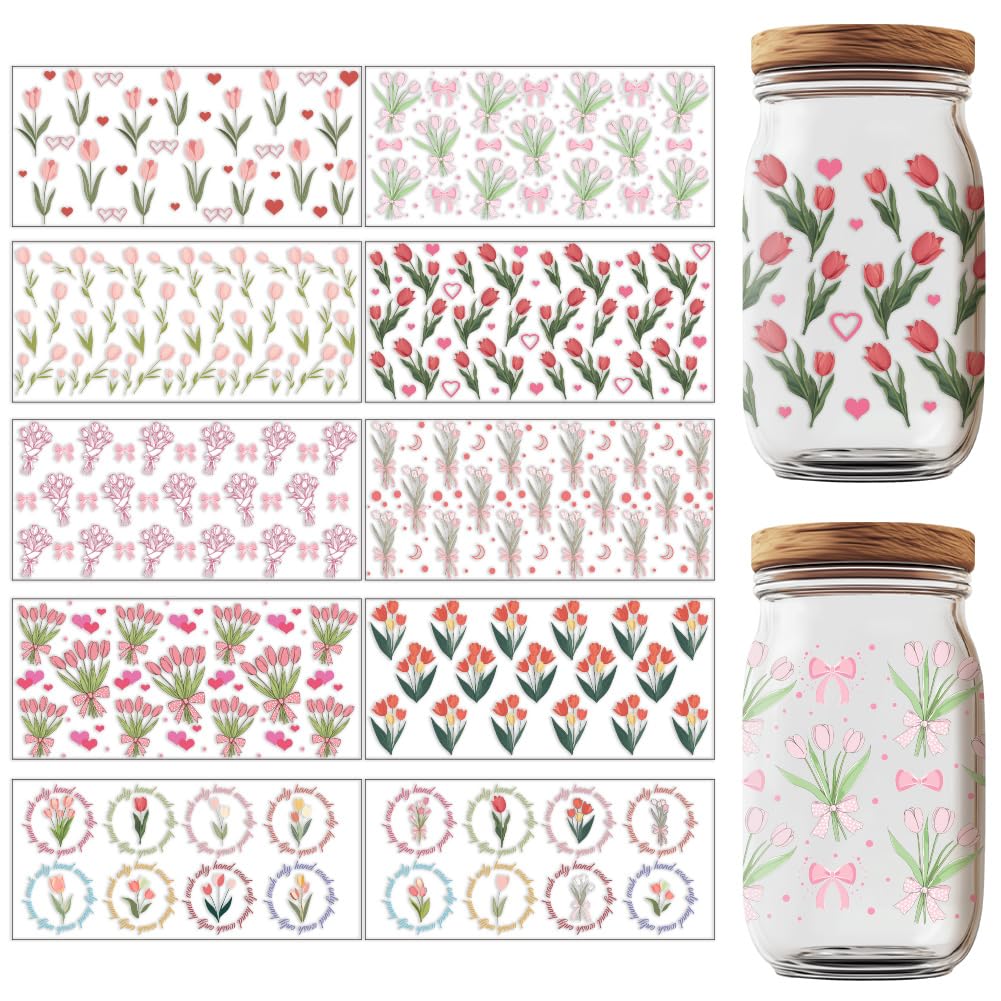 GOMAKERER 10 Sheets Tulips UV DTF Wraps, Flower Print UV DTF Cup Wraps Pink Tulips Rub on Transfer Stickers Decal for 16 Oz Glass Cups Mugs Container Decor