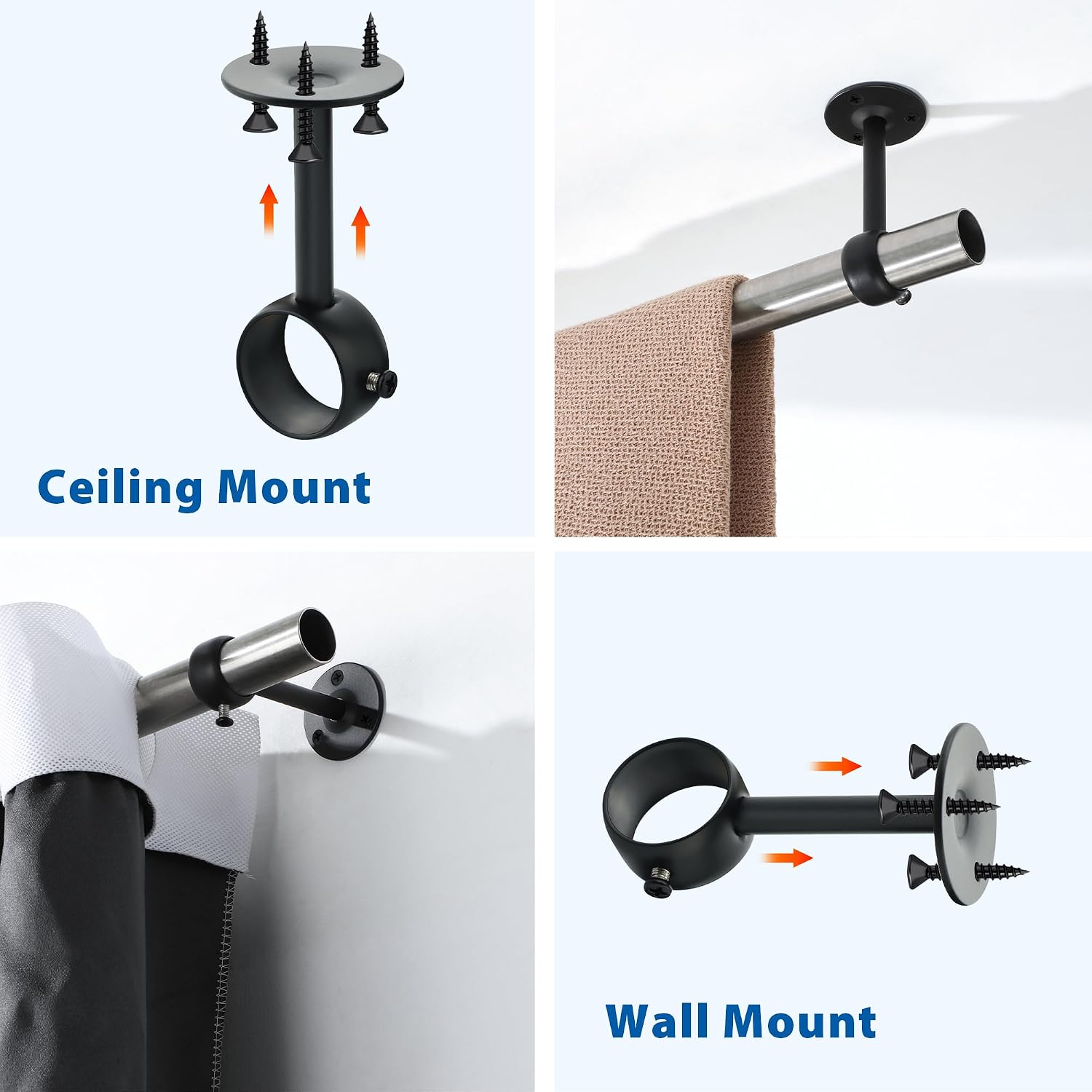 Mooche 4PCS Ceiling Curtain Rod Holder, Adjustable for 1" - 1.26" Poles | Stainless Steel Curtain Rod Hooks with Set Screw, Ideal for Bathroom Kitchen Living Room Home Hotel, Black