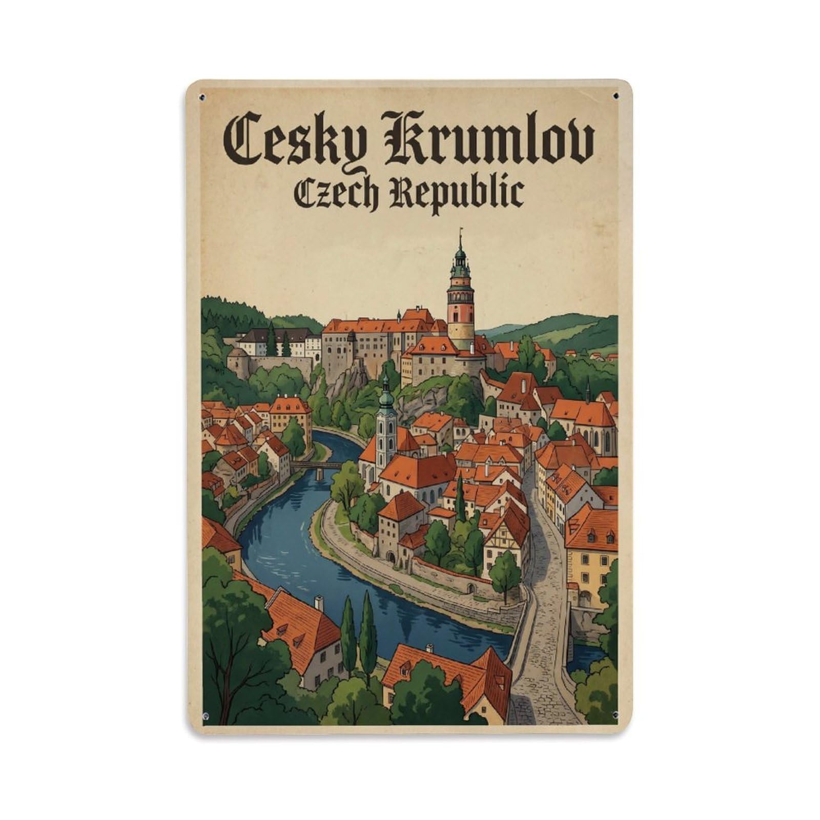Travel Retro Czech Republic Cesky Krumlov Metal Tin Sign Plaque Wall Decor for Cafe, Club Bar, Office, Garden Metal Poster 8x12Inch