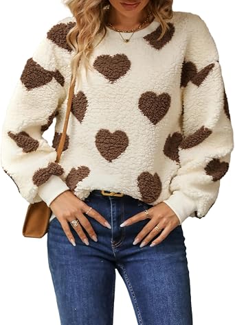 Women Heart Print Sweater Love Graphic Knitted Top Crewneck Cute Holiday Long Sleeve Shirts