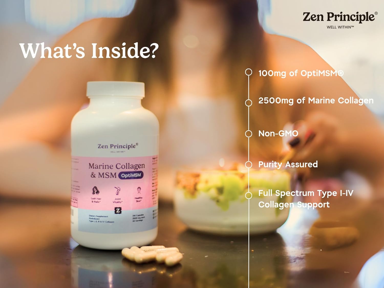 Zen Principle Marine Collagen Peptides Powder with OptiMSM® Supplement. Clinically Tested for Skin Support. Wild-Caught Fish, Non-GMO. 210 Capsules. - Image 3