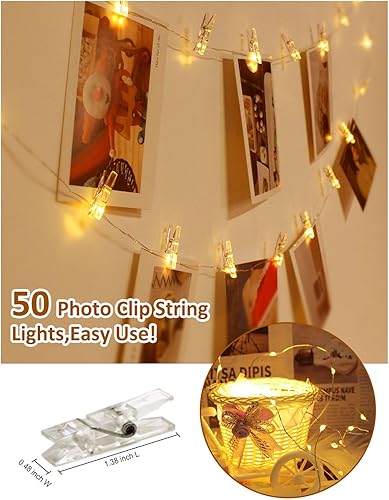 Miniatura 4 de Cadena de luces con clip para fotos con control remoto, 33 pies, 100 luces LED a pilas, luces estrelladas de alambre de cobre impermeables con 50