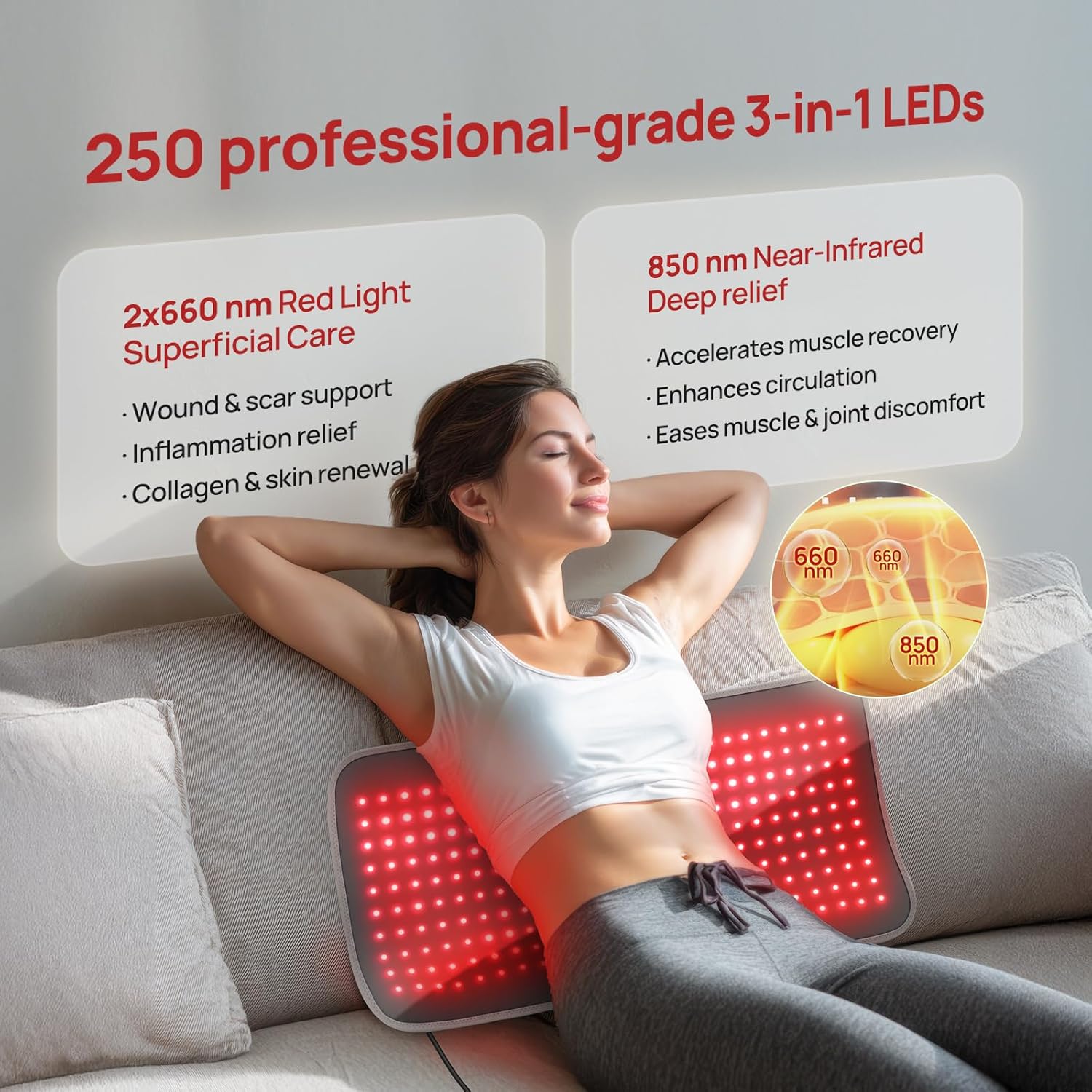 Red Light Therapy for Body, 24" x 12" Large Size (250 LEDs) Near Infrared Red Light Therapy Mat, 660nm&850nm, Adjustable Timer and Power Levels, Sweat-Resistant & Easy-Clean for Pain Relief - Image 3