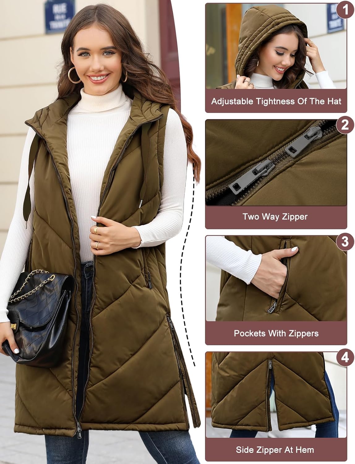 HEEKPEK Womens Puffer Vest Sleeveless Hooded Long Puffy Vests Zip Up Quilted Thick Winter Jackets Outerwear with Pockets - Image 3