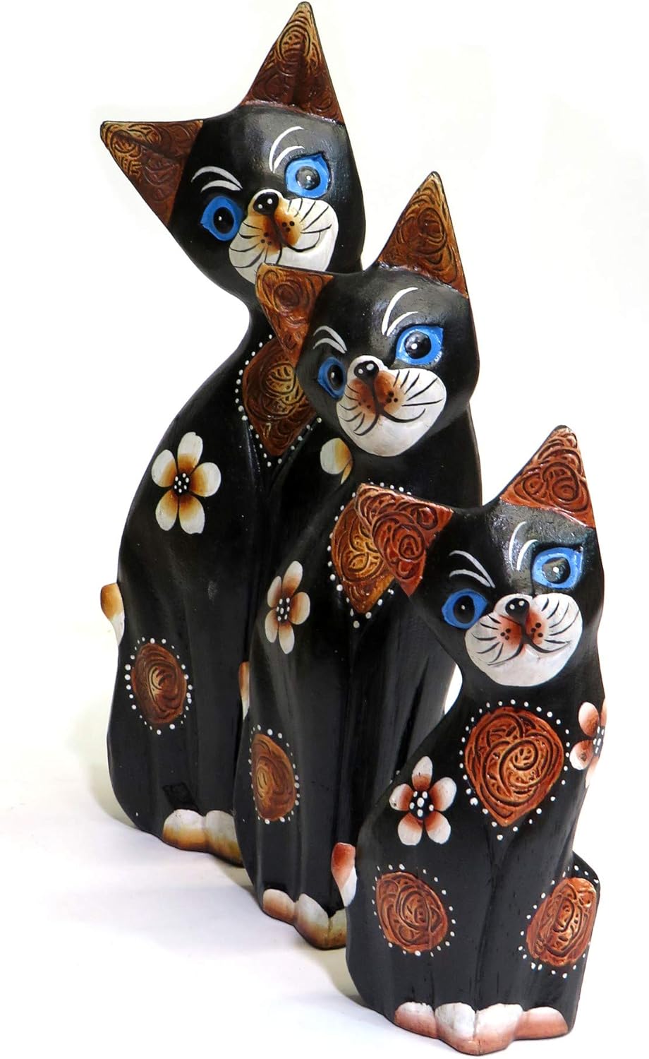 Purity Style Wooden Cat Gift Fair Trade, Hand Carved Set of 3 Painted Cats - 26cm, 19cm and 14cm tall, Black - Image 3