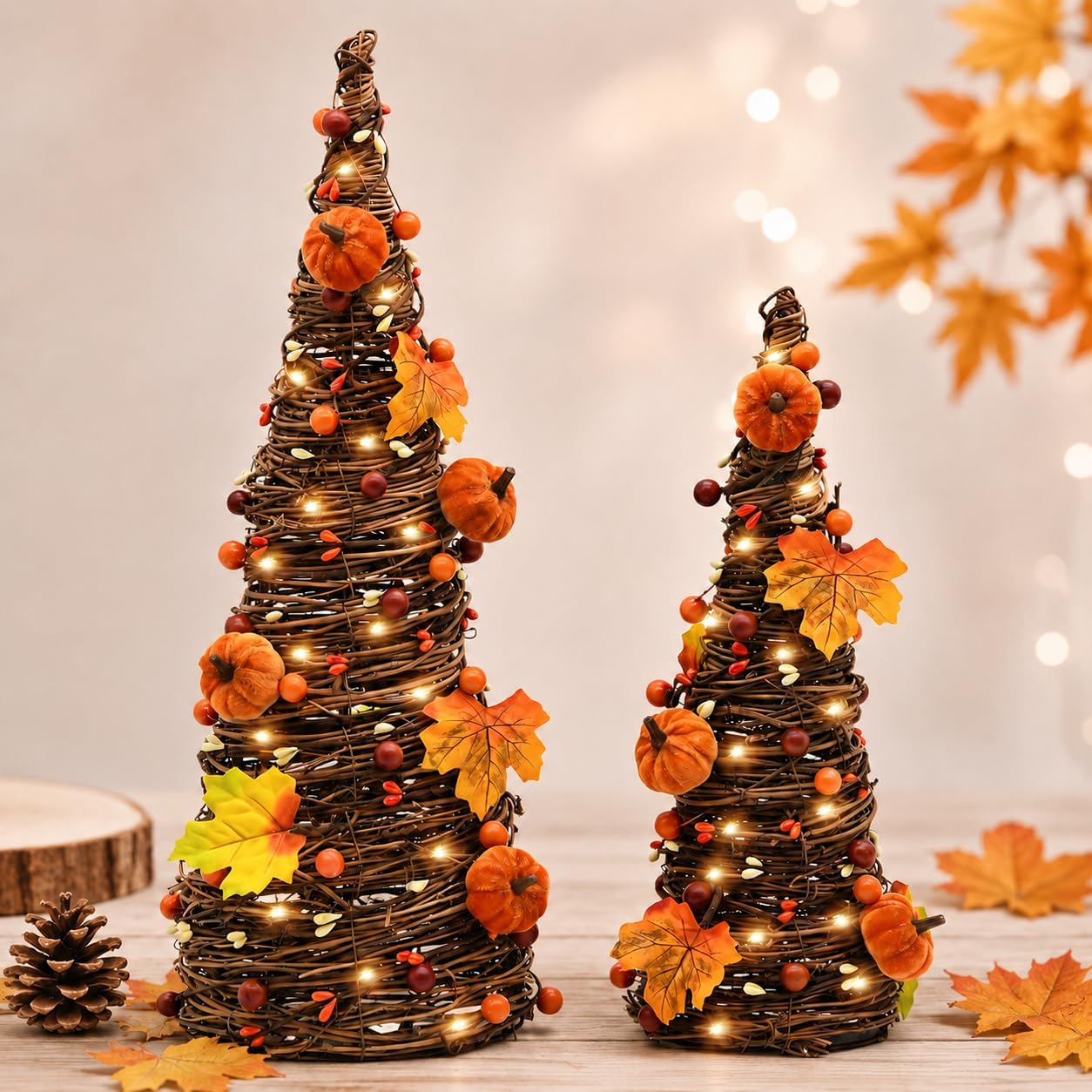 Lighted Fall Table Tree, Pumpkin Tabletop Decor for Thanksgiving Home | Timer Battery Powered, Rustic Style, Cozy, Handmade Rattan Craft, Autumn Centerpieces