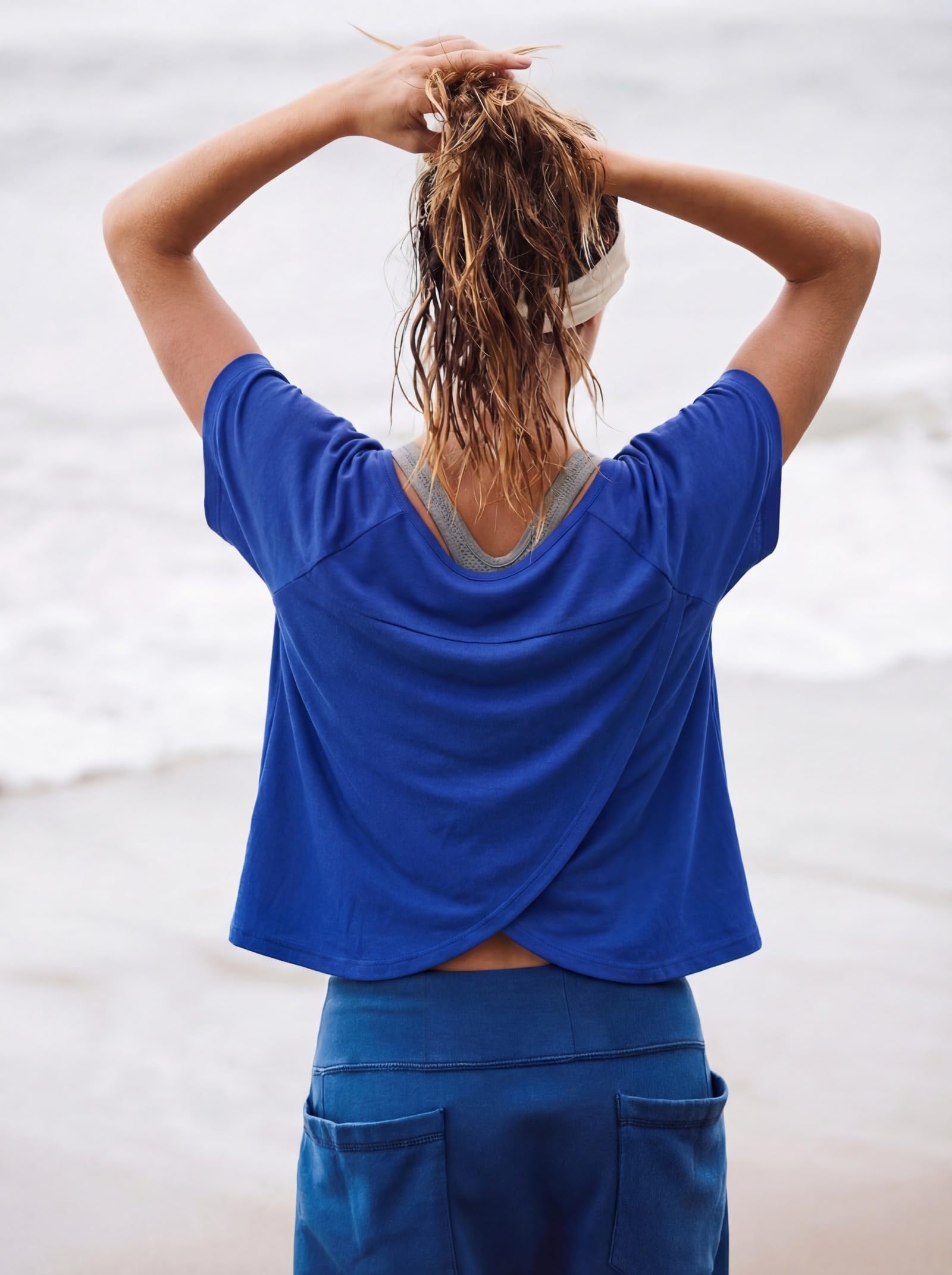 GRECERELLE Workout Tops for Women Short Sleeve Athletic Shirts Running Yoga Crop Gym Pilates Top Crossover Back Y2k — view 4