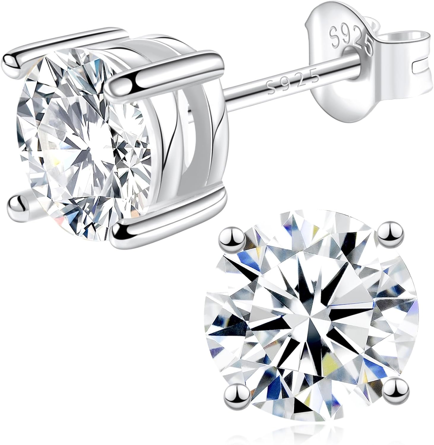 Moissanite Lab Created Diamond Earrings 0.6ctw-3.0ctw Solitaire Studs, D Color VVS1, Hypoallergenic 925 Sterling Silver, 14K White Gold Plated, Friction Back - Gift for Women & Men - Image 7