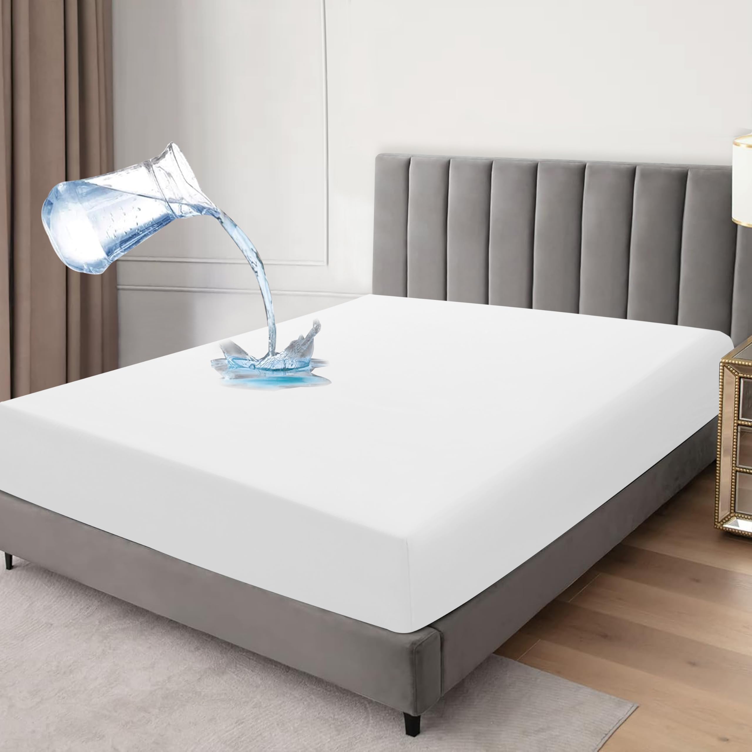 Waterproof Fitted Sheet Mattress Protector, Microfiber, Breathable Crinkle Free Deep Pocket 30cm Single Double King Super King (White, Double) โ image 1