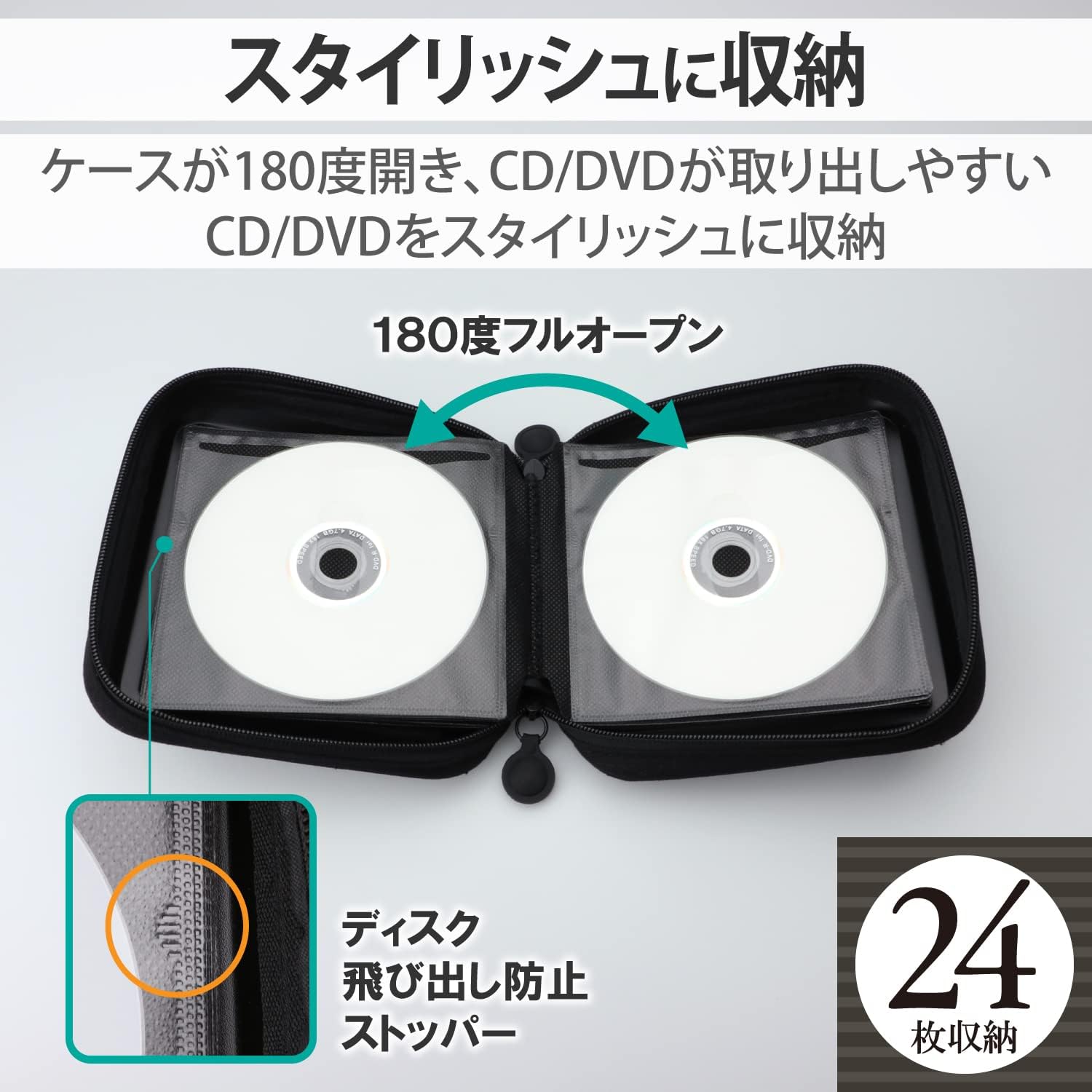 Elecom CCD-H24BK DVD CD Case, Semi-Hard, Zipper Included, Storage of 24 Cards, Black