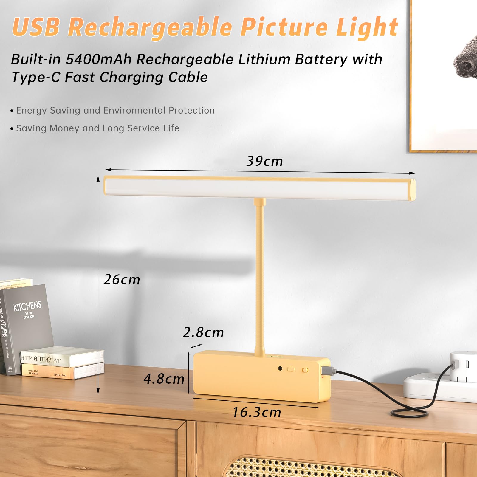 Lightbiz LED Bildbeleuchtung Kabellos, Akku Wandleuchte Innen mit Fernbedienung und Aufladbar, Dimmbare & 3 Farbtemperaturen, Beleuchtung für Spiegel Schreibtisch Malen Foto (Gold)